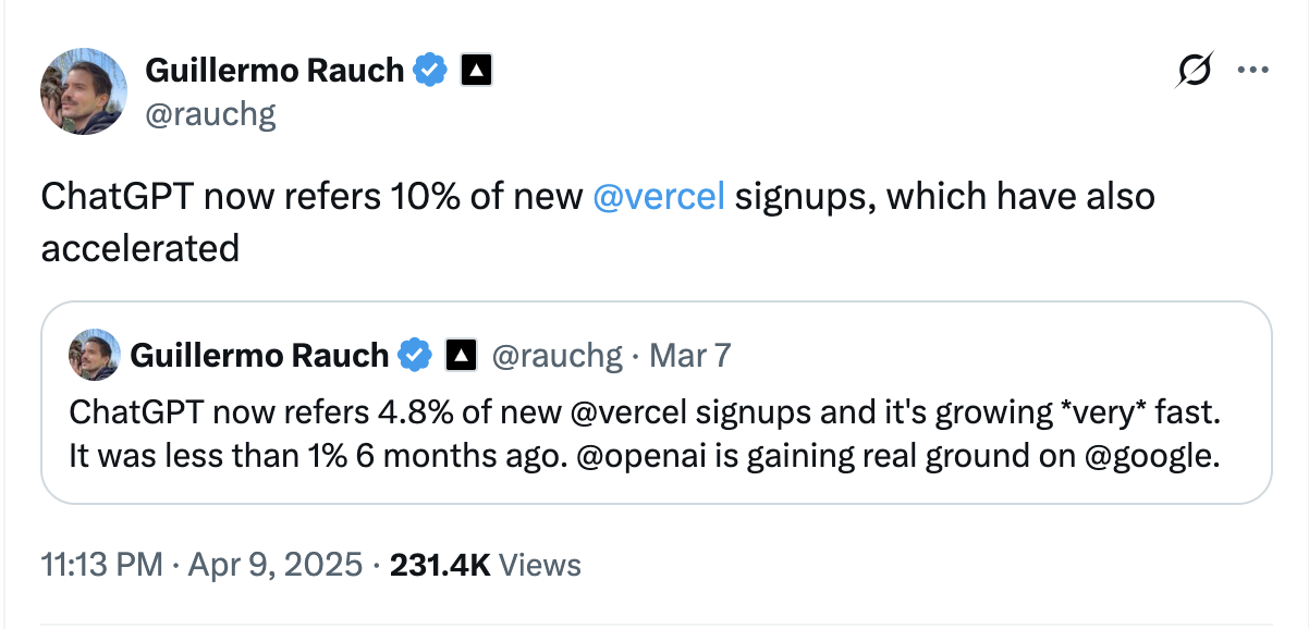 tweet by Guillermo Rauch on ChatGPT