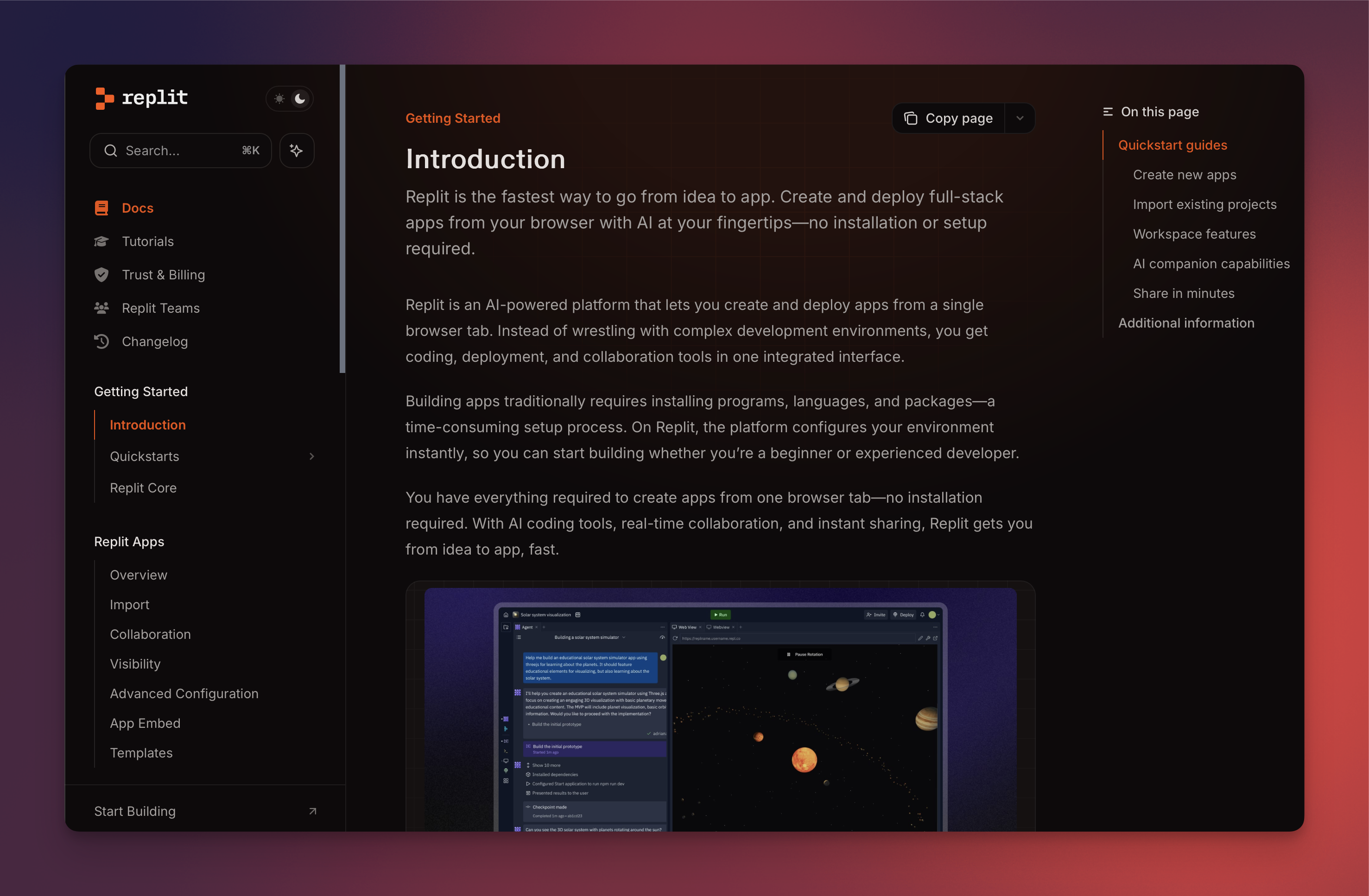 Screenshot of Replit's docs homepage