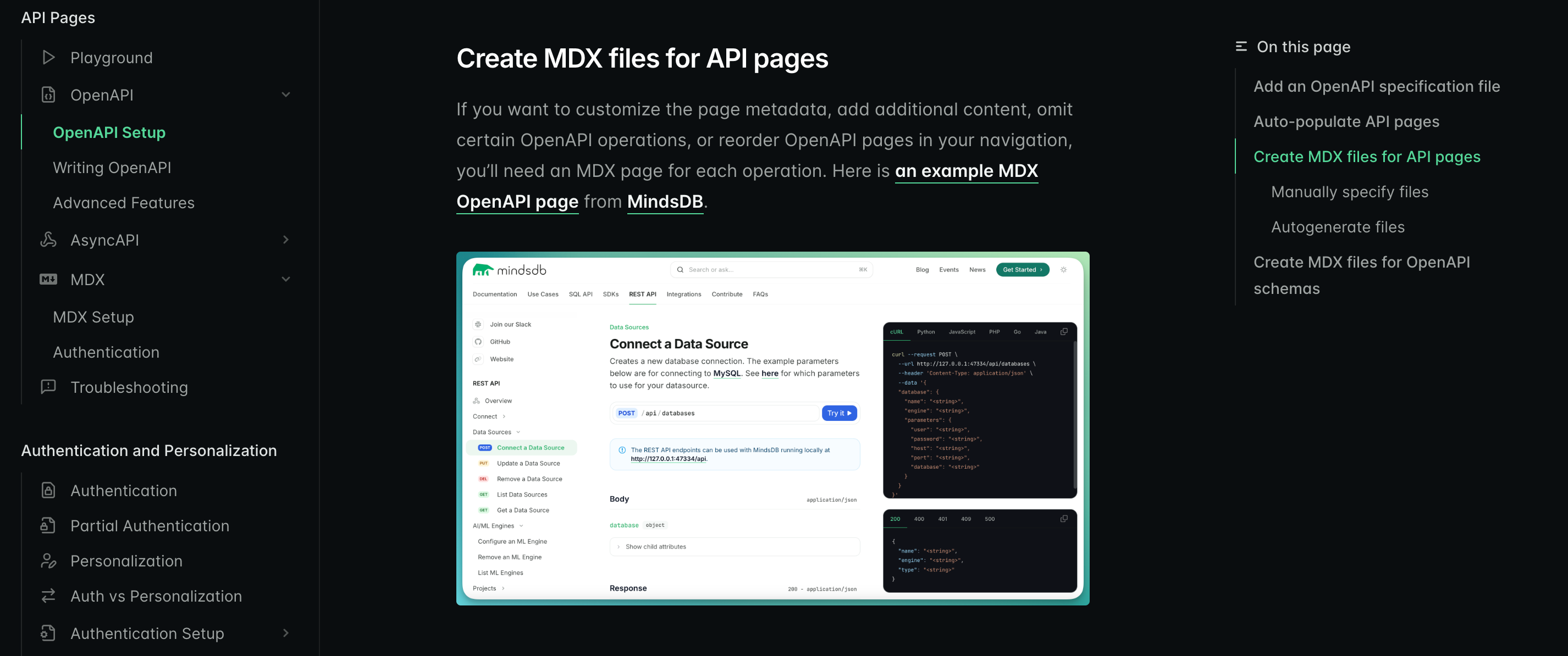 Mintlify supports creating MDX files for API pages, which allows flexible and simple documentation customization.