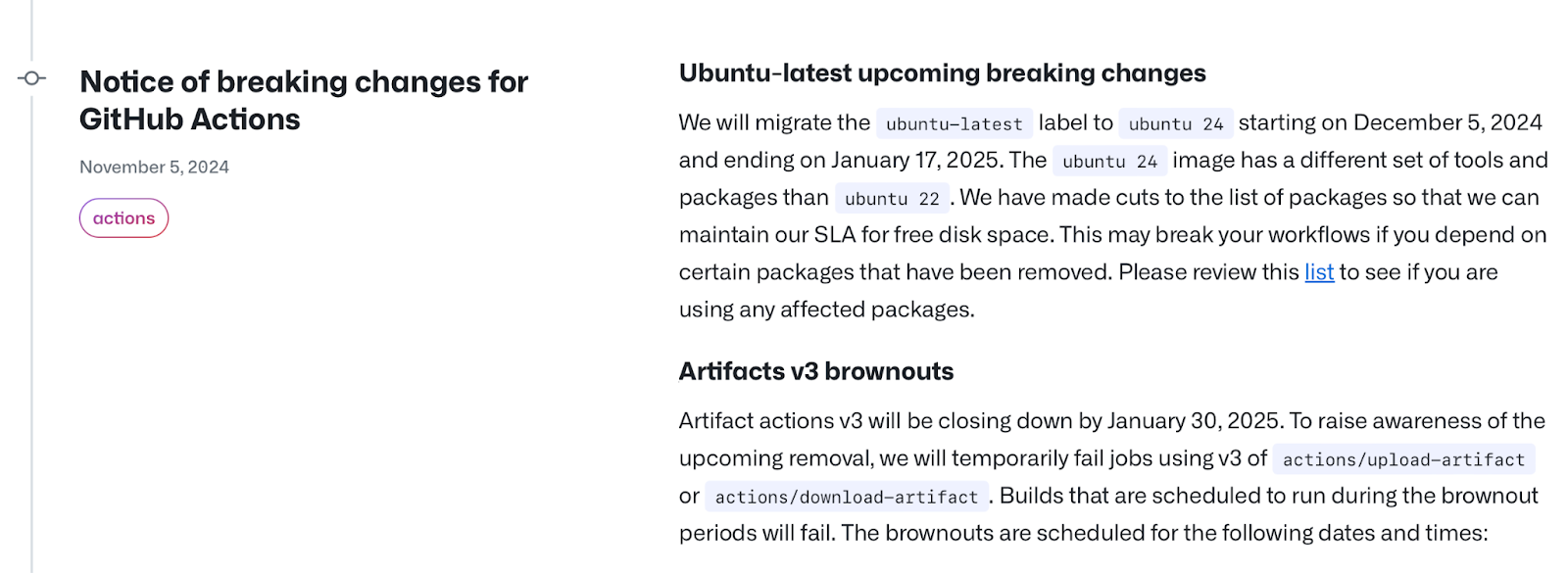 Notice of breaking changes for GitHub Actions from their changelog