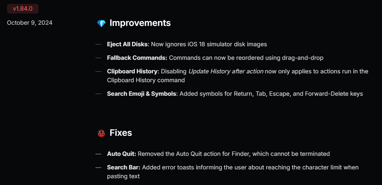 Raycast's changelog categorizes updates