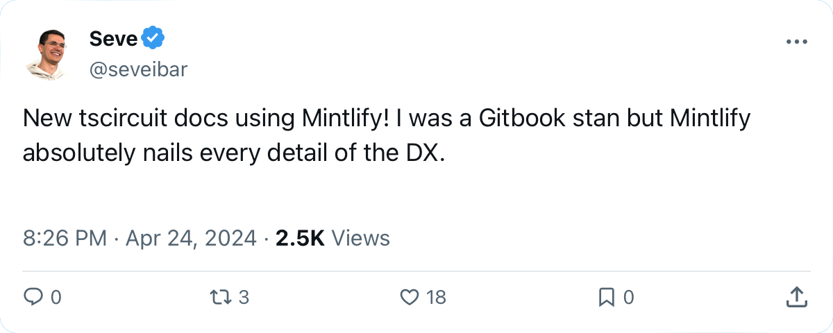 Tweet praising Mintlify's developer experience