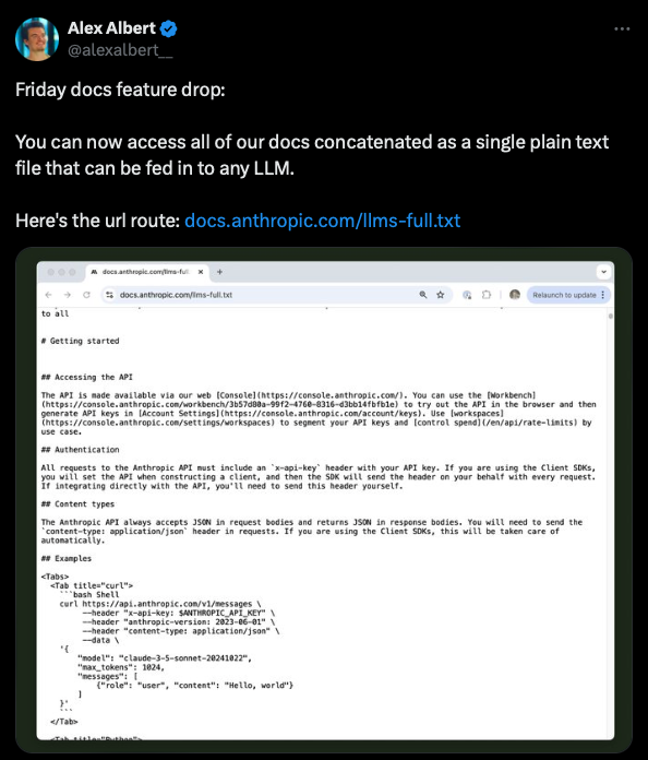 screenshot of Alex Albert, head of devrel at anthropic, promoting llms.txt in their docs